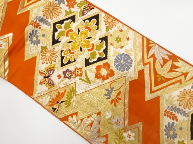JAPANESE KIMONO / ANTIQUE FUKURO OBI / SILK / WOVEN BUTTERFLY & FLOWER